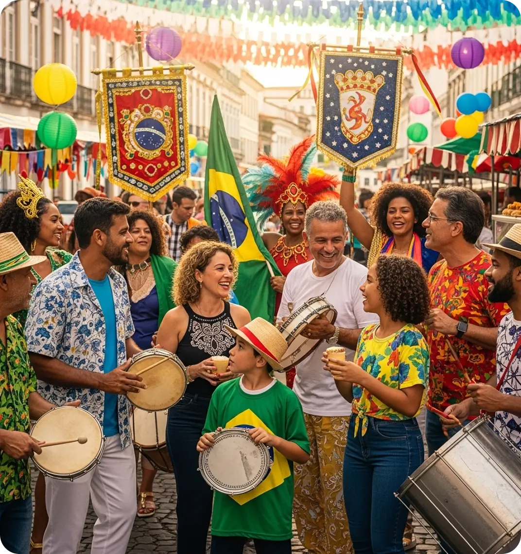 Families and friends celebrating Carnival, speaking Portuguese while dancing and waving flags.