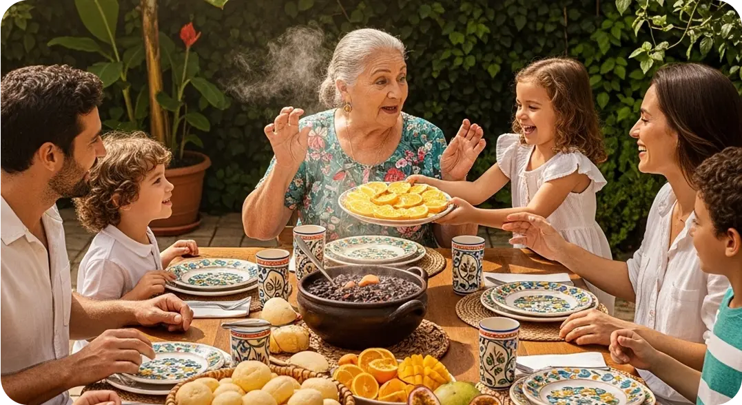 A Brazilian family enjoying a backyard lunch together, speaking Portuguese while sharing feijoada, pão de queijo, and fresh fruit.
