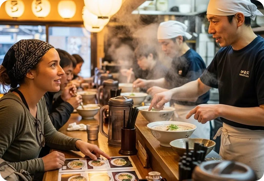 A traveler at a ramen counter in Tokyo.