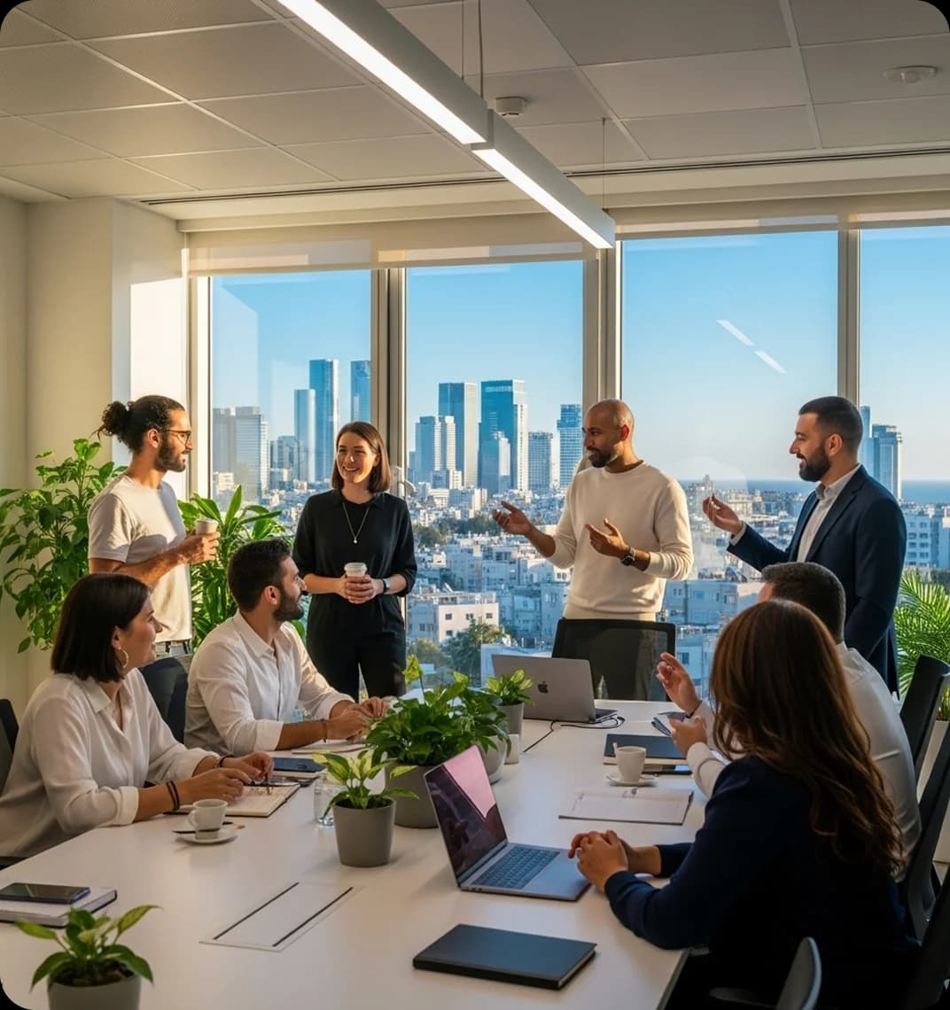 Coworkers speak in Hebrew at a business in Haifa.
