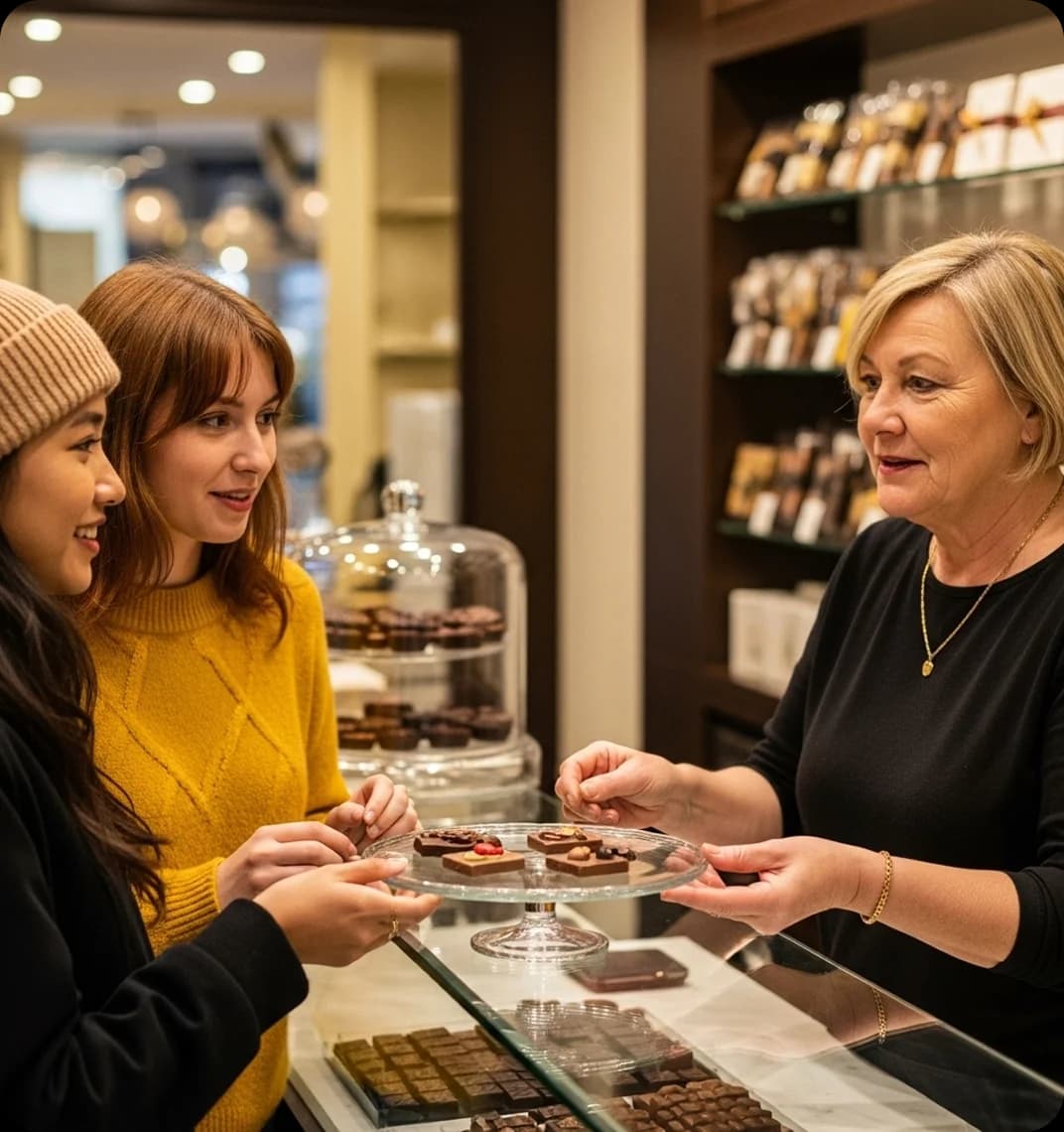 Two friends speaking French while trying samples from a chocolatier.