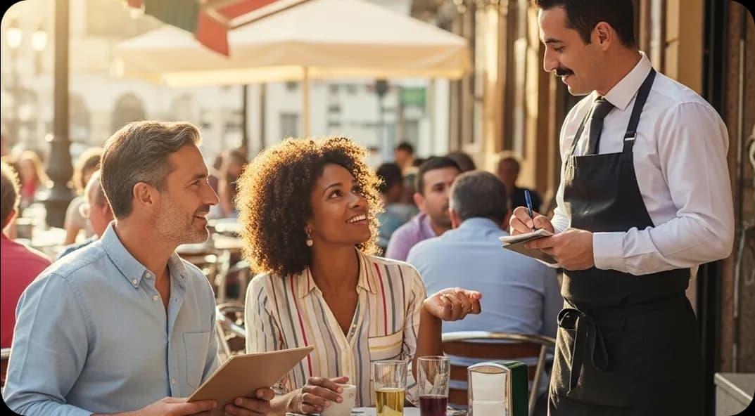 Couple ordering in Spanish at a café.