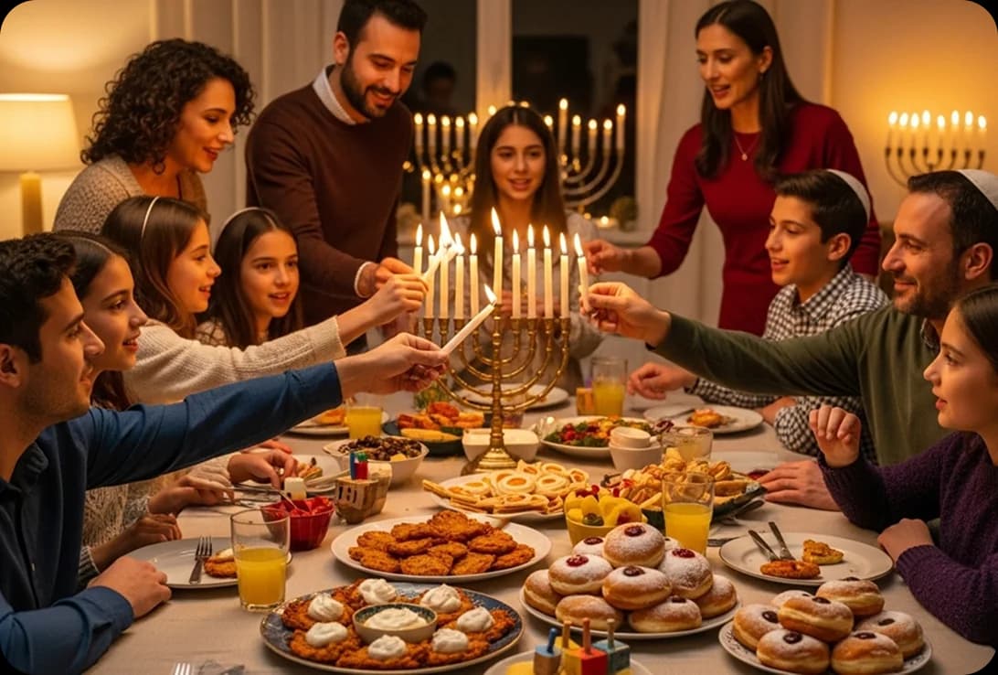 A family speaks in Hebrew while celebrating Hannukah before dinner.