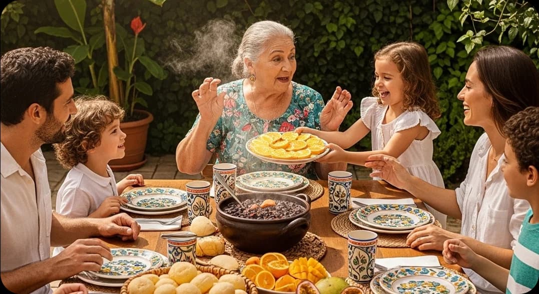 A Brazilian family enjoying a backyard lunch together, speaking Portuguese while sharing feijoada, pão de queijo, and fresh fruit.