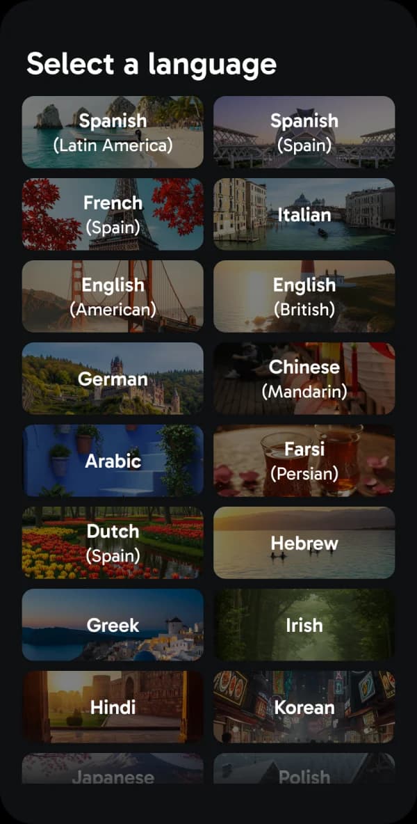 Language selection screen in the product, showing a glimpse of all 25 languages that you can learn through Rosetta Stone Sapphire.