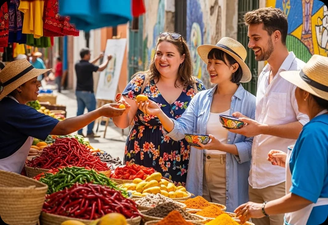 Friends practicing Spanish at a local market.
