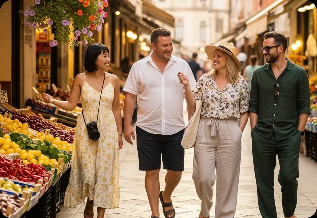 Four friends walking through an Italian street market in spring.