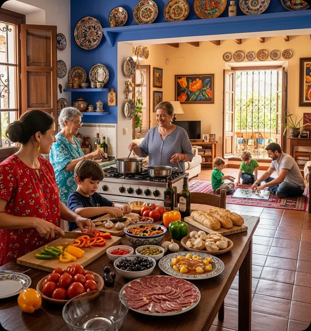 Family speaking Spanish while cooking together.