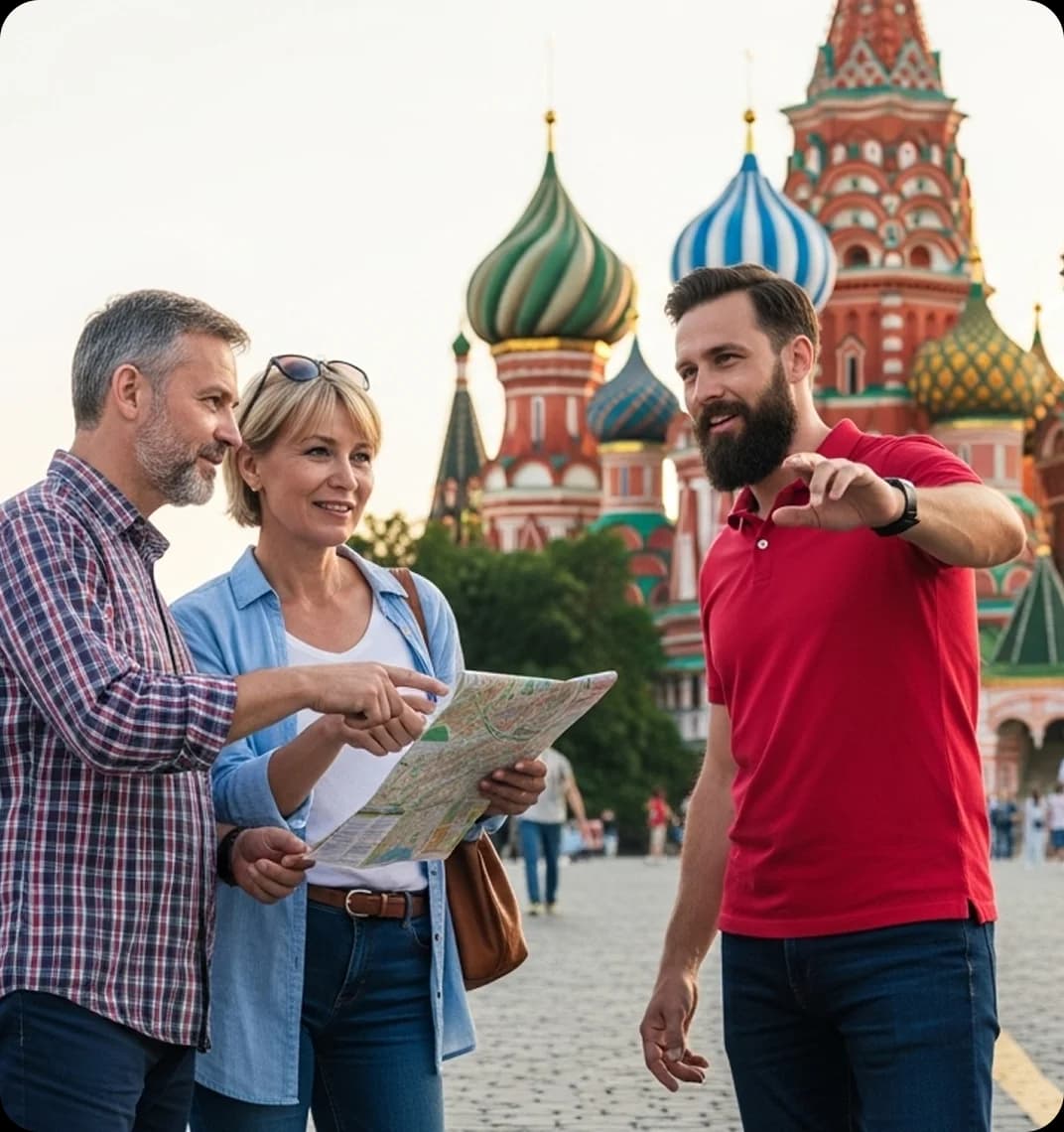 Two travelers in Red Square, Moscow, ask a local for directions in Russian.