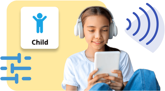 Young girl listens to audio feedback from a tablet.