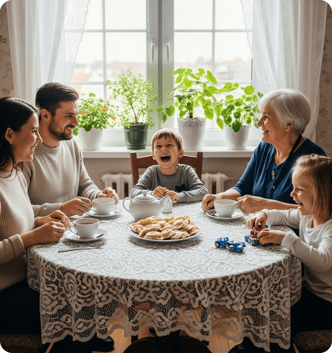 A Polish family gathered around a kitchen table on a Sunday afternoon, sharing pierogi and tea.