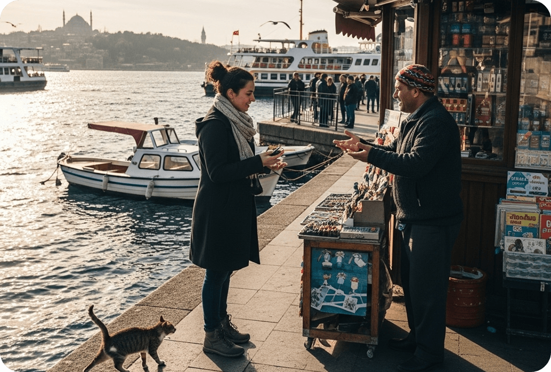 A traveler asking for directions in Turkish from a local shopkeeper by the Bosphorus Strait in Istanbul.