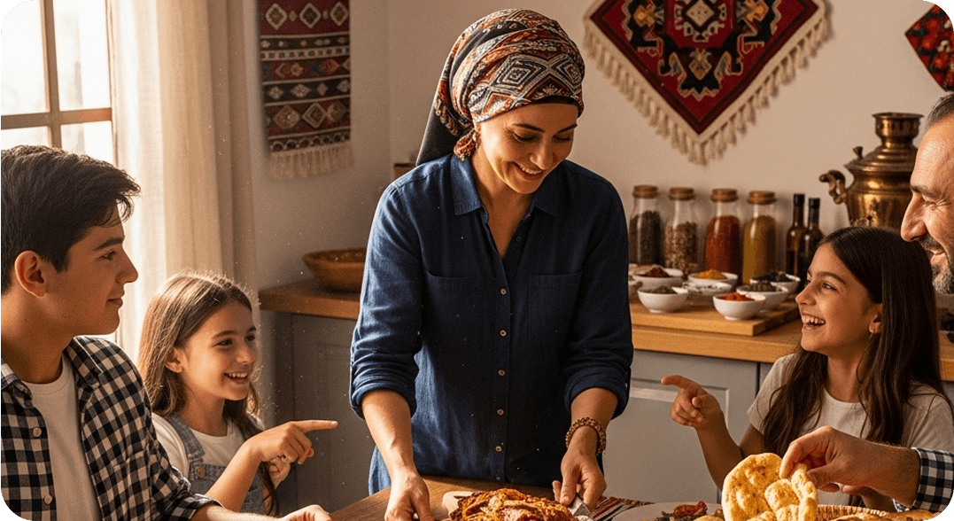 A Turkish family prepares to eat a traditional meal of meze, kebabs, and fresh bread together.