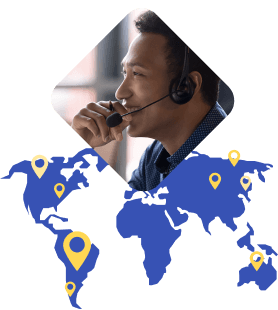 Customer manager depicted above world map to illustrate Rosetta Stone's strong global customer support network