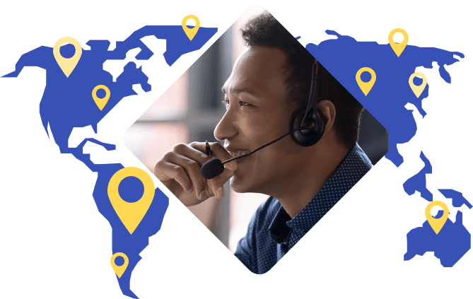 Customer manager depicted above world map to illustrate Rosetta Stone's strong global customer support network