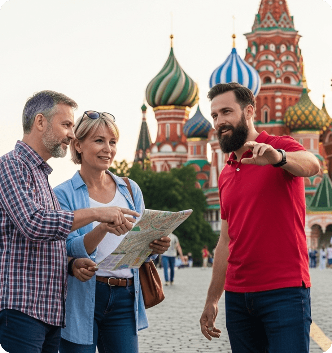 Two travelers in Red Square, Moscow, ask a local for directions in Russian.