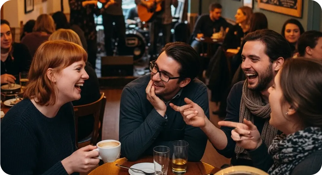 A group of friends speaking Irish in a coffee shop.