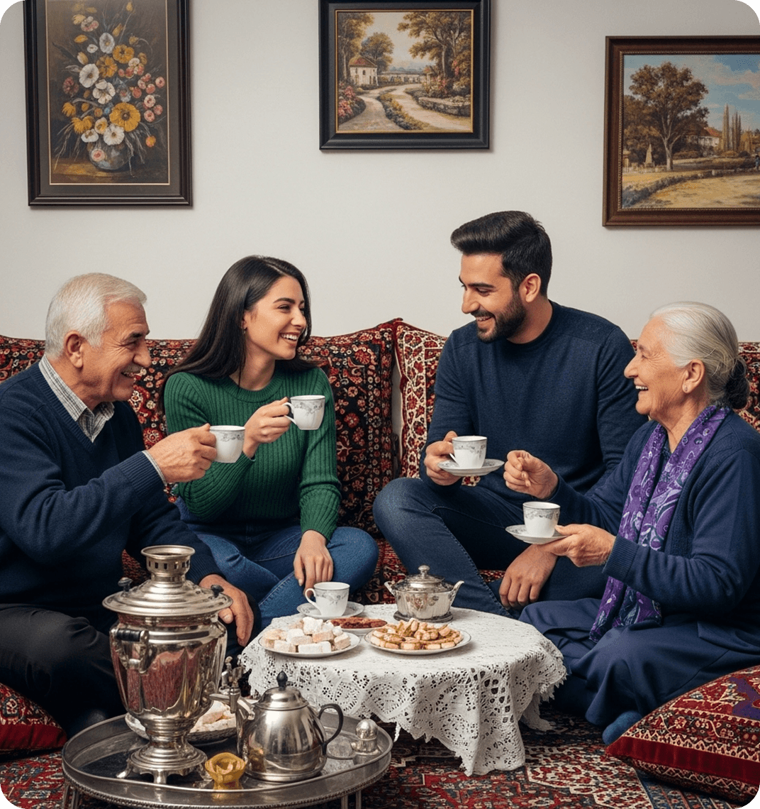 A Persian family sharing tea and sweets together in a cozy living room.
