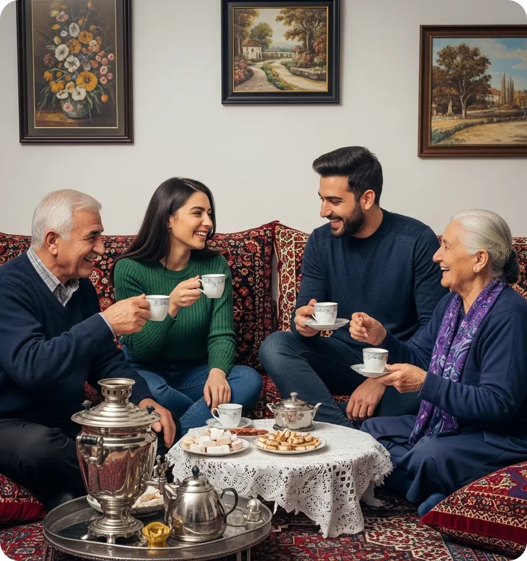 A Persian family sharing tea and sweets together in a cozy living room.