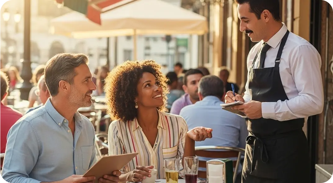 Couple ordering in Spanish at a café.