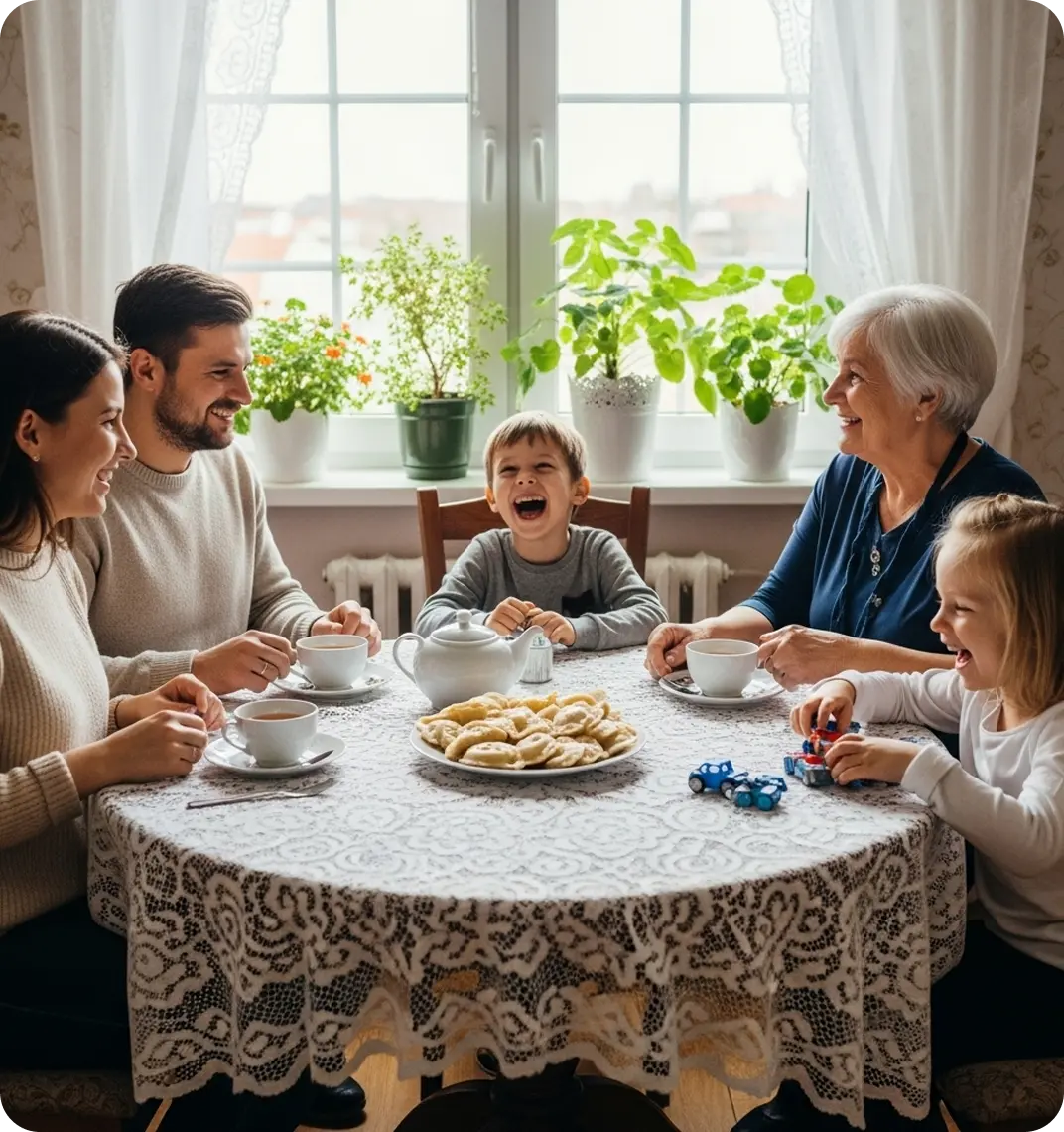 A Polish family gathered around a kitchen table on a Sunday afternoon, sharing pierogi and tea.