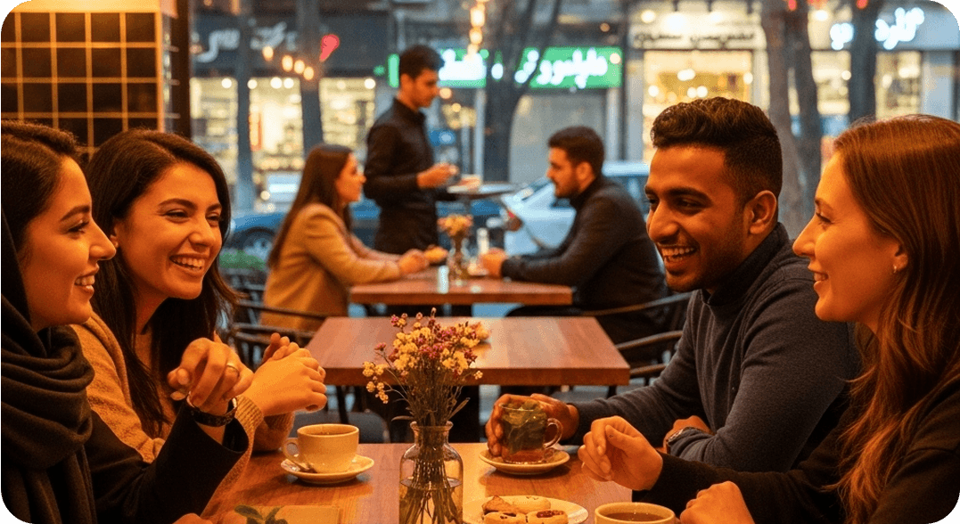A group of friends sitting together at a warmly lit café in Tehran, speaking in Persian and laughing as they share stories.