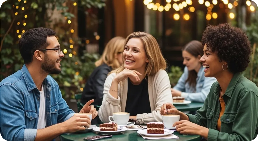 Three diverse friends sitting at a café terrace in Warsaw, speaking in Polish and laughing together.