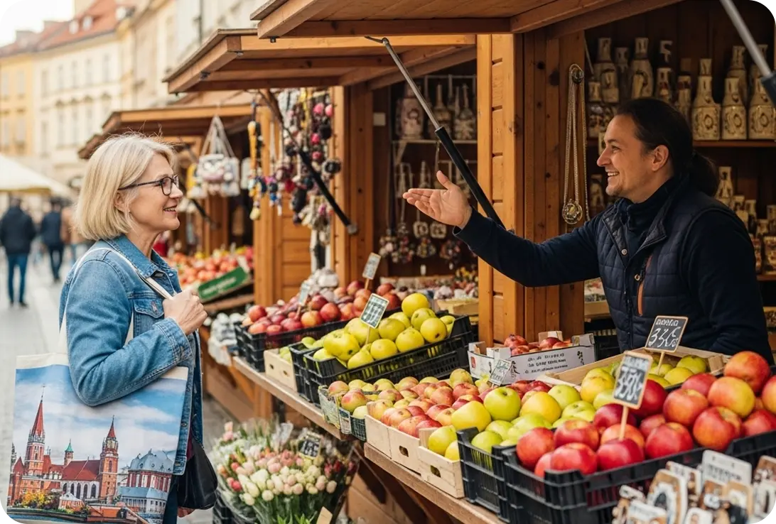 A female traveler in her sixties speaking Polish with a local shopkeeper at a small outdoor market in Kraków.