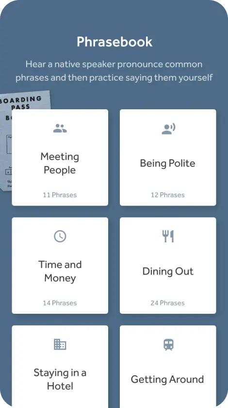 Rosetta Stone phrasebook displayed on a screen, featuring commonly used phrases for meeting people, being polite, and other travel activities with accent help