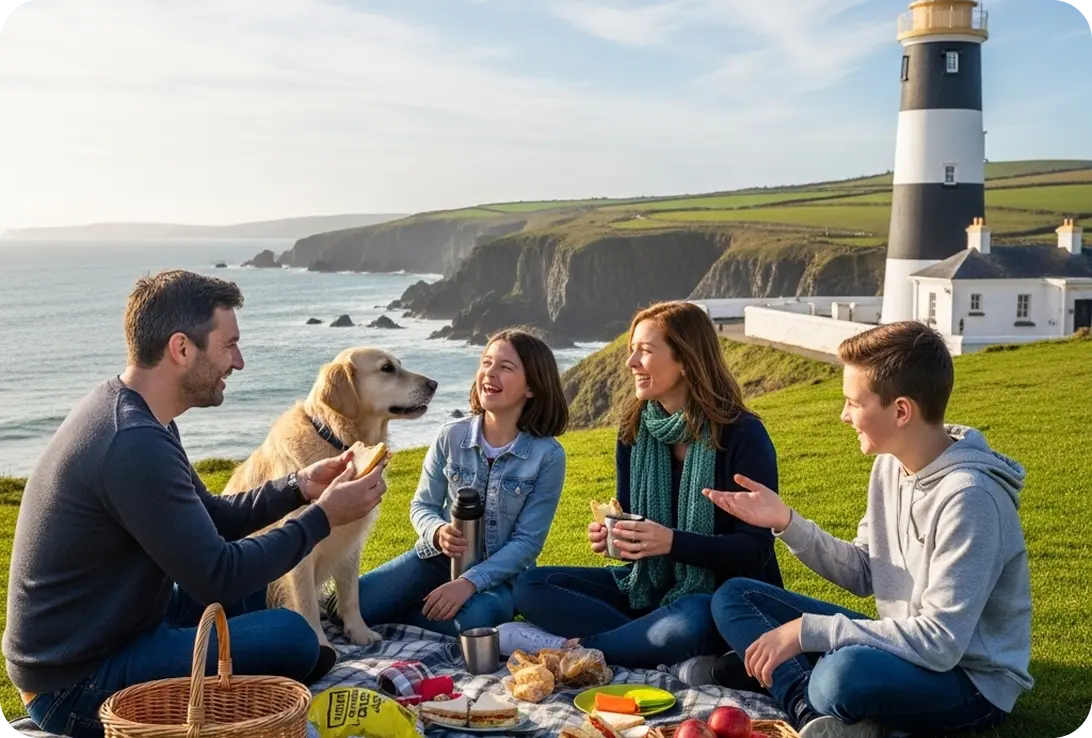A family enjoys a picnic in front of an Irish lighthouse.