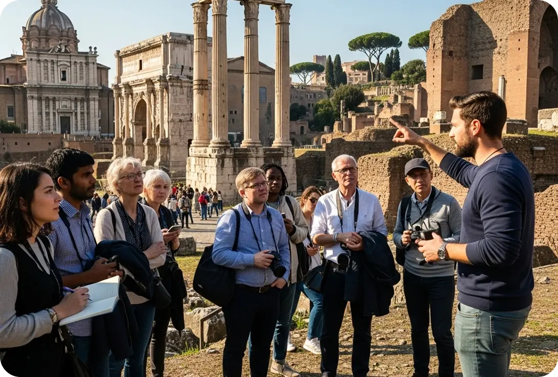 Tourists in Rome listen to a tour guide about Roman history.
