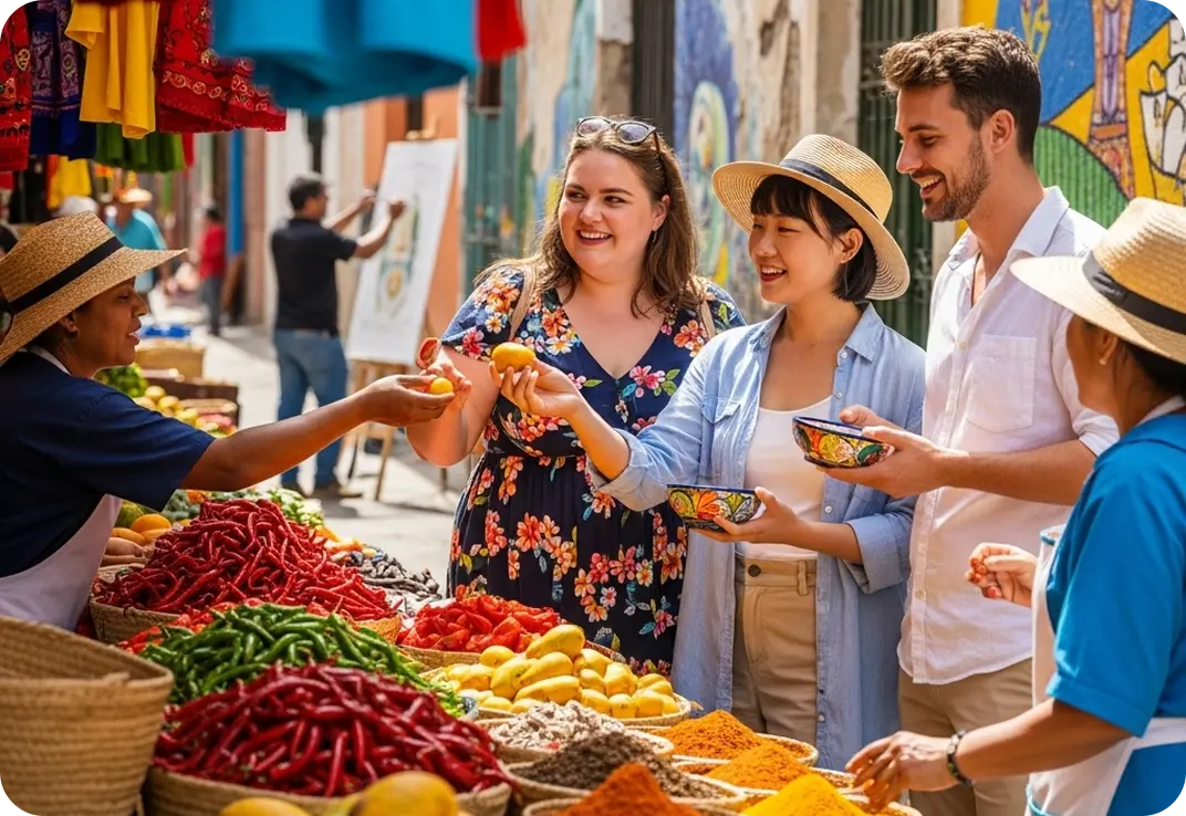 Friends practicing Spanish at a local market.
