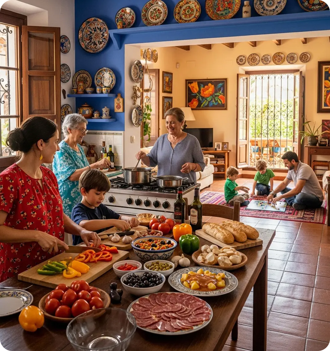 Family speaking Spanish while cooking together.