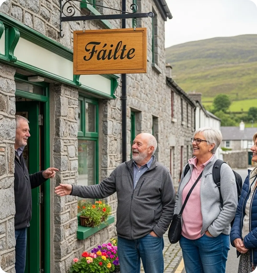 A local welcomes tourists into Ireland.