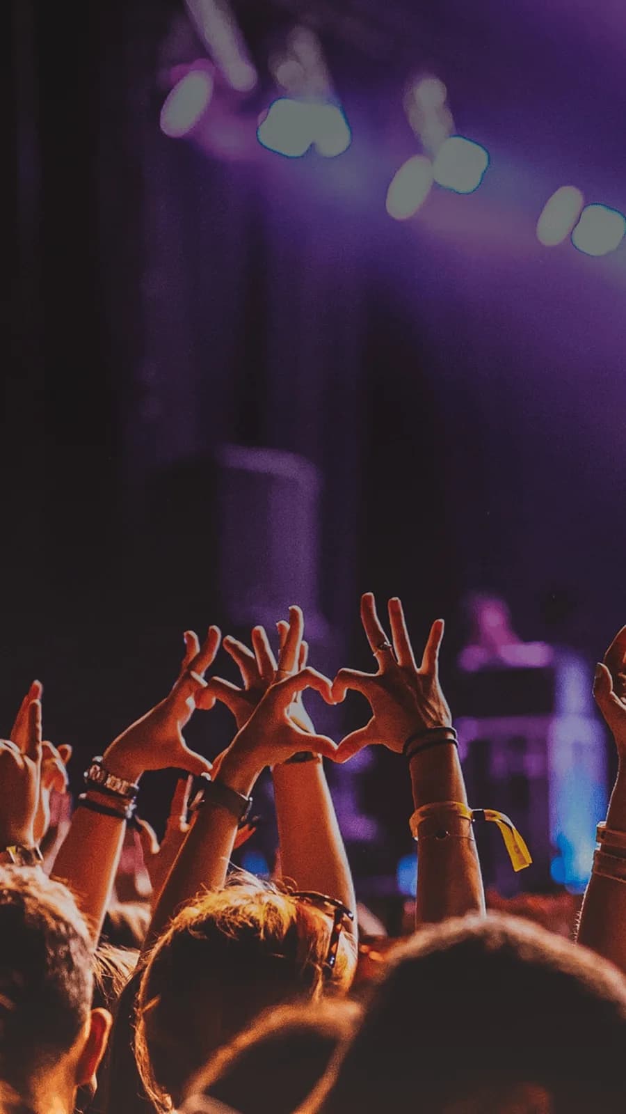 Crowd raises hands in excitement at live music performance. Overlaid is the German word "Konzert" with its English translation, "concert".