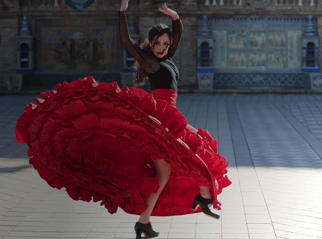 Flamenco dancer twirls in front of grand building backdrop. Overlaid is the Spanish word "bailar" with its English translation, "to dance".