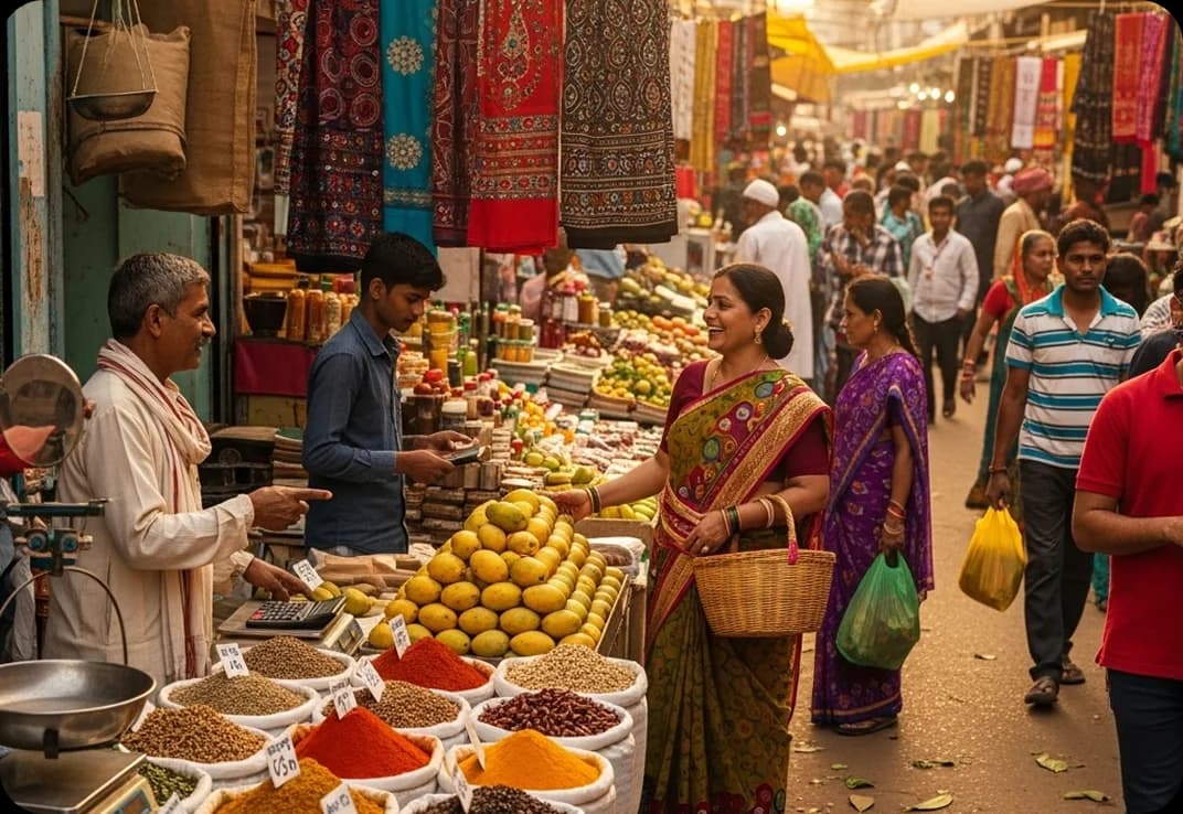 Locals shopping for food at a roadside bazaar in India.