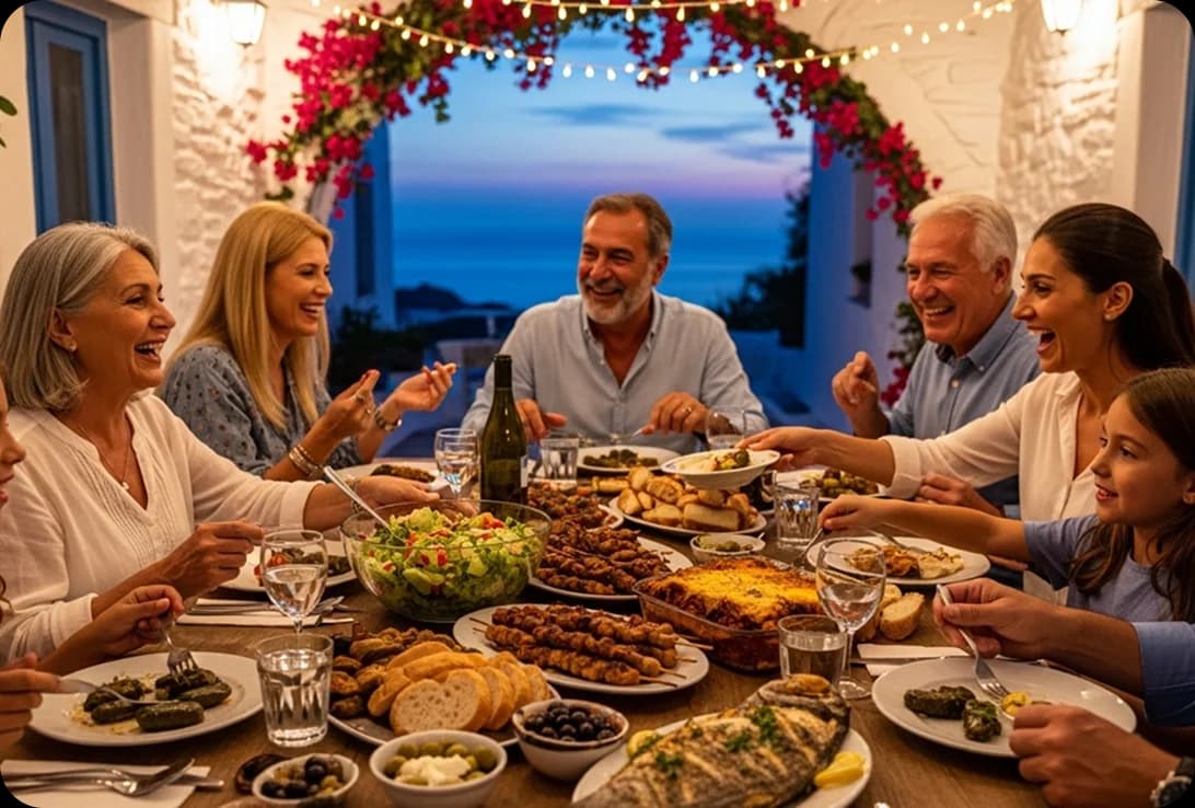 A family speaks in Greek while eating a traditional dinner near the Aegean Sea.