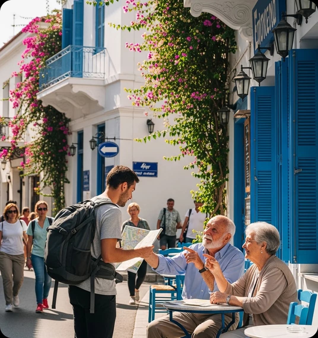 A tourist asks locals for directions in Greek.