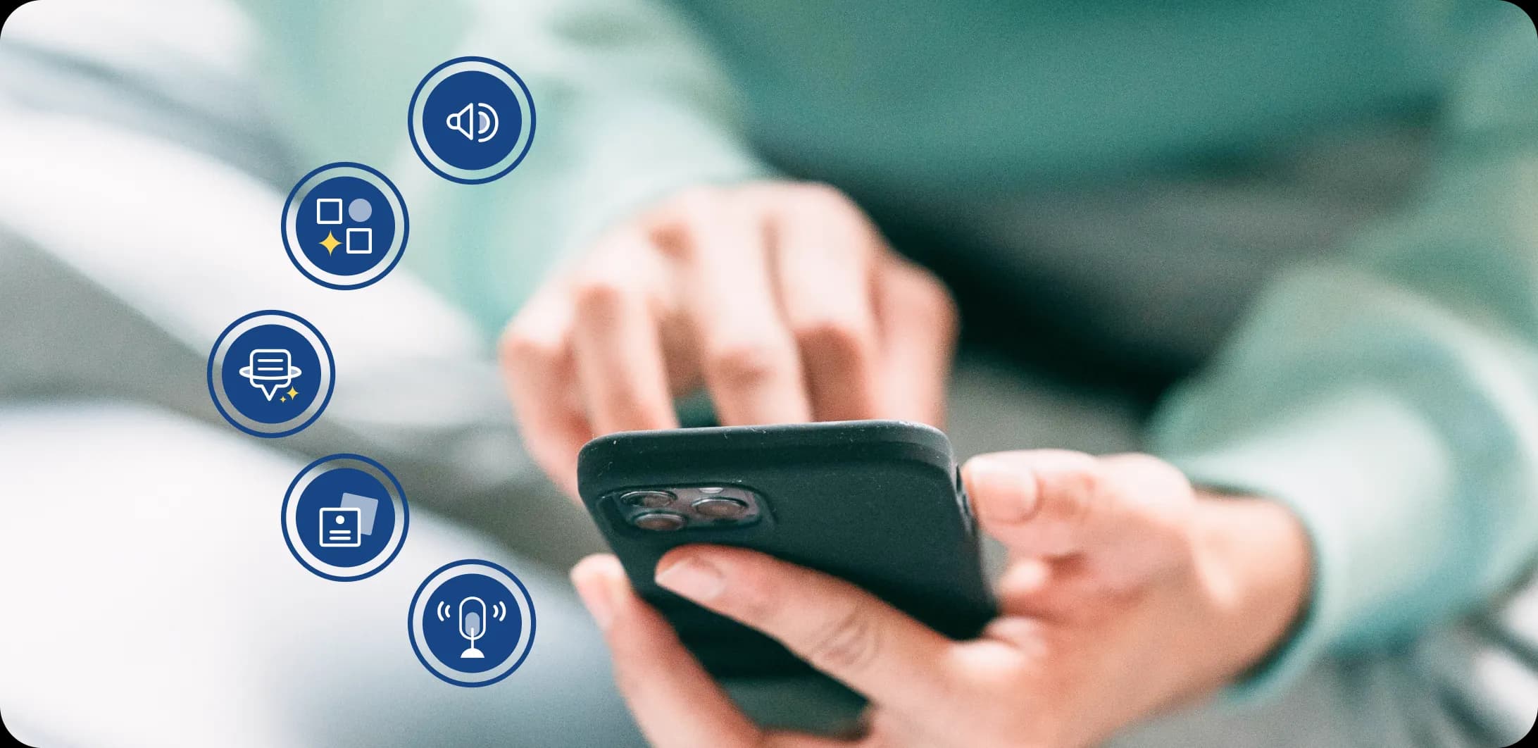 Close-up of hands holding a smartphone with icons representing Rosetta Stone Sapphire’s features floating around the screen.