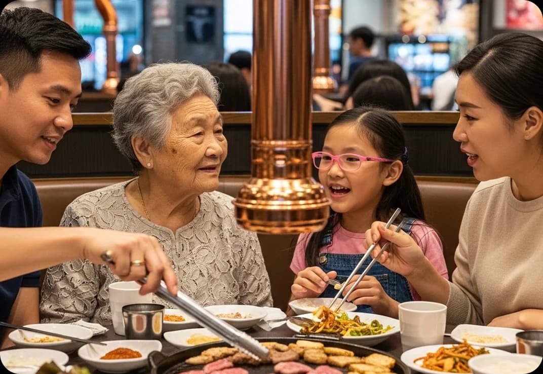 A Korean family at a Korean BBQ restaurant.