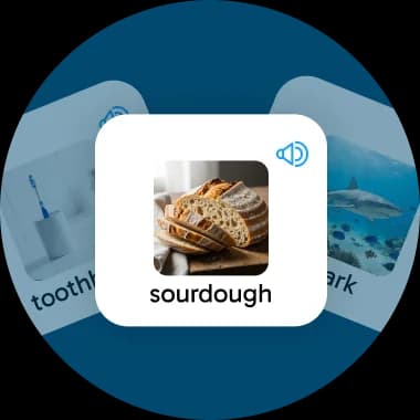 A flashcard featuring a photo of sourdough bread with the word 'sourdough' labeled beneath it, part of a visual vocabulary learning set.