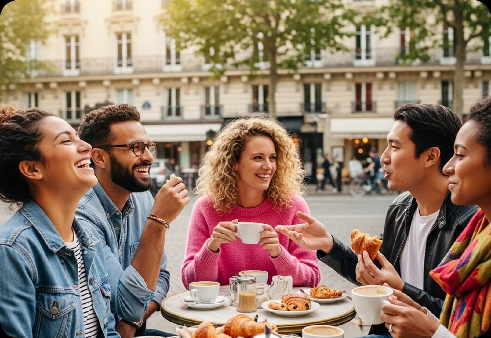 A group of friends practicing French in a café.