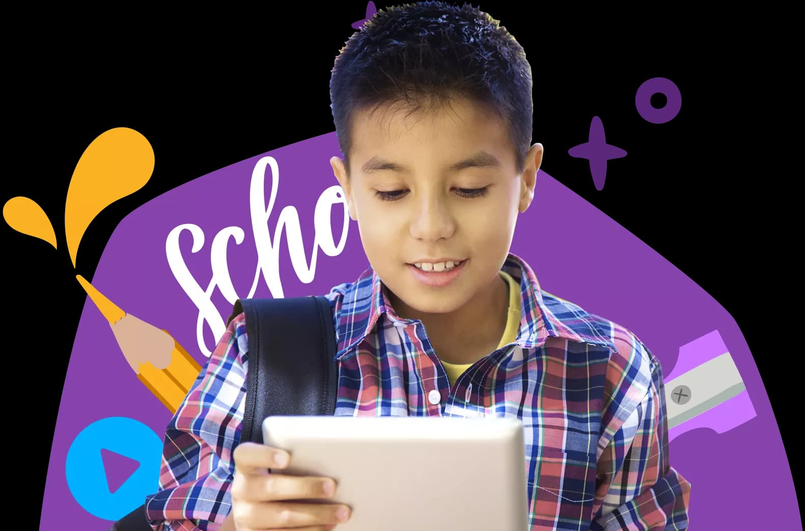 An elementary aged child using Rosetta Stone on a tablet