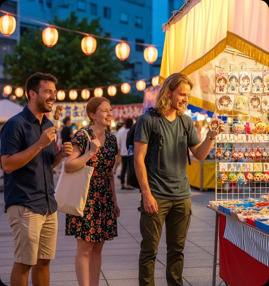Three friends shopping at night during a Japanese festival.