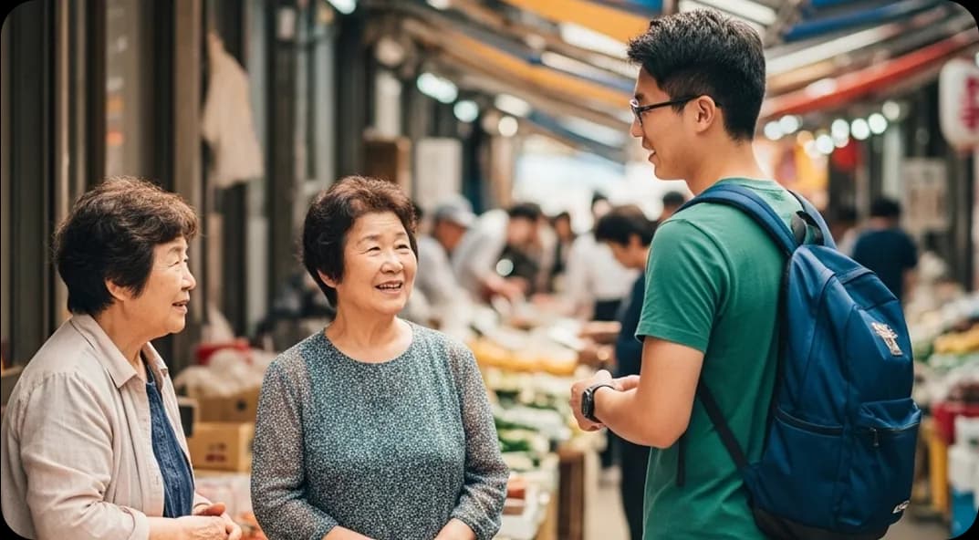 A young man converses with older shopkeepers at a Japanese open-air market.