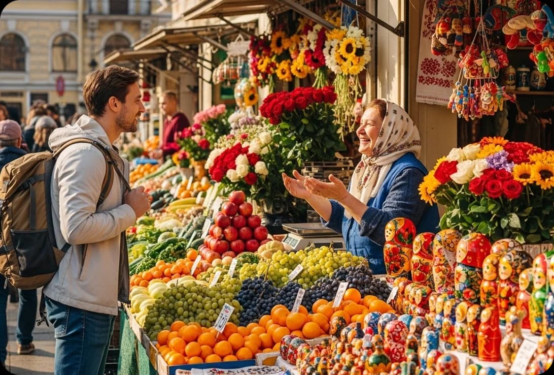 A traveler speaking Russian with a local vendor at an outdoor market in Saint Petersburg.