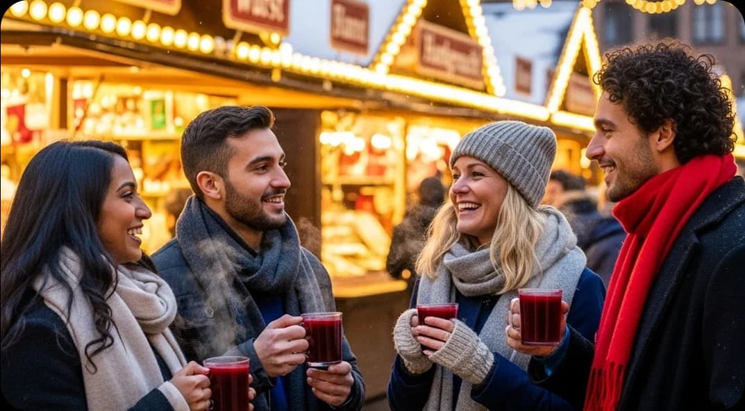 Four friends enjoying a traditional German beverage at an outdoor Christmas market.