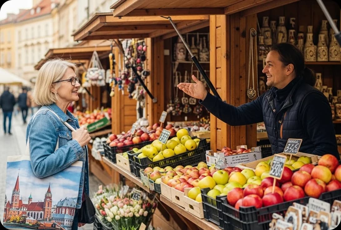 A female traveler in her sixties speaking Polish with a local shopkeeper at a small outdoor market in Kraków.