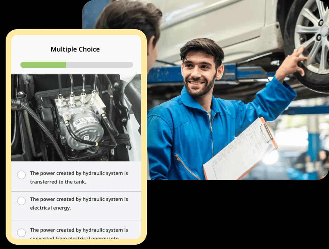 Man beside a car using Rosetta Stone. A Rosetta Stone multiple choice page overlays the image.